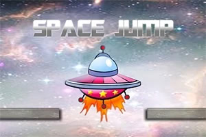 UFO med flammer under svever i verdensrommet med teksten SPACE JUMP ovenfor