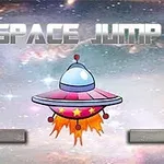 UFO med flammer under svever i verdensrommet med teksten SPACE JUMP ovenfor