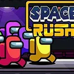 Fargerike karakterer med hjelm løper sammen i en futuristisk setting, med teksten Space Rush øverst i bildet