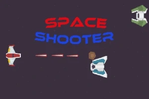 Romskip i kamp med hverandre, med teksten Space Shooter i rødt og blått
