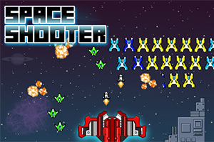 En rød romskip skyter på en formasjon av fargerike romvesen mot en stjernehimmel med eksplosjoner og teksten Space Shooter øverst