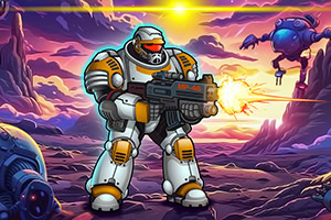 En tungt rustet soldat i futuristisk pansersuit skyter en laserpistol i et utenomjordisk landskap med roboter og fargerike himmel