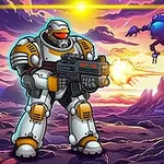 En tungt rustet soldat i futuristisk pansersuit skyter en laserpistol i et utenomjordisk landskap med roboter og fargerike himmel