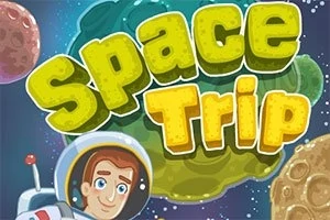 En astronaut med et smilende ansikt er avbildet i rommet blant planeter, med fargerik tekst som sier Space Trip
