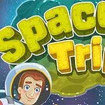 En astronaut med et smilende ansikt er avbildet i rommet blant planeter, med fargerik tekst som sier Space Trip