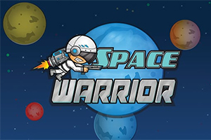 En astronaut med rakettsekk svever i verdensrommet foran en stor blå planet, omgitt av flere fargede planeter, med teksten Space Warrior i sentrum