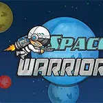 En astronaut med rakettsekk svever i verdensrommet foran en stor blå planet, omgitt av flere fargede planeter, med teksten Space Warrior i sentrum