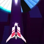 Et futuristisk romskip med røde og hvite striper flyr gjennom en mørklilla tunnel mot et lysende område med blå-hvite stråler