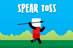 En figur med kvitt hode og rødt kropp kaster et spyd på en grønn bakgrunn med blå himmel og teksten Spear Toss øverst