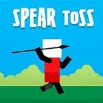 En figur med kvitt hode og rødt kropp kaster et spyd på en grønn bakgrunn med blå himmel og teksten Spear Toss øverst