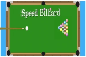 Biljardbord med hvit ball, kø og kuler stablet i en trekantform, med teksten Speed Billiard