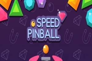 Fargerike geometriske former og teksten Speed Pinball på en lilla bakgrunn med skinnende dekorasjoner