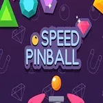 Fargerike geometriske former og teksten Speed Pinball på en lilla bakgrunn med skinnende dekorasjoner