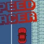 Rød bil på vei med ordet SPEED RACER i store bokstaver over veien