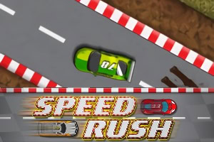 Grønn bil på racerbanen sett ovenfra med teksten SPEED RUSH under