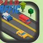 En illustrasjon av en vei med en politibil, en rød varebil og en gul taxi, samt to trær i veikanten, med teksten Speed Traffic øverst