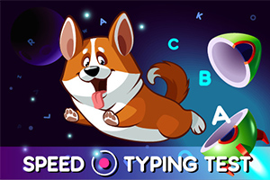 En tegnet hund med hengeører hopper foran en fargerik, datagenerert bakgrunn med bokstaver og objekter, og teksten Speed Typing Test vises nederst