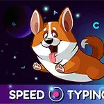 En tegnet hund med hengeører hopper foran en fargerik, datagenerert bakgrunn med bokstaver og objekter, og teksten Speed Typing Test vises nederst