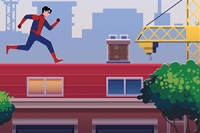 Hopp på hustak og unngå hindringer som Spider-Boy