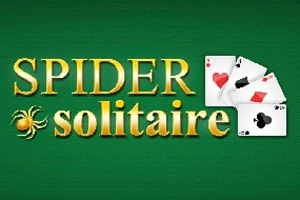 Teksten Spider Solitaire i gullfarge med tre spillekort ved siden av på en grønn bakgrunn