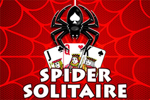 Svart edderkopp med spar-symbol over to spillkort mot en rød bakgrunn med tekst Spider Solitaire