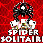 Svart edderkopp med spar-symbol over to spillkort mot en rød bakgrunn med tekst Spider Solitaire