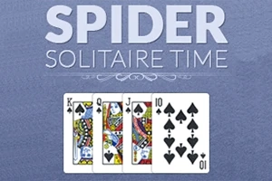 Tekst SPIDER SOLITAIRE TIME over fire spillkort, inkludert konge, dame, knekt og ti i spar