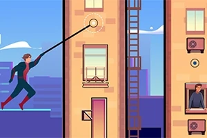 En tegnet scene av en person i tights som svinger mellom bygninger med tau i en urban setting