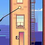 En tegnet scene av en person i tights som svinger mellom bygninger med tau i en urban setting