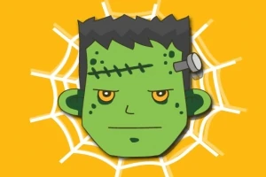 Tegneserieillustrasjon av et grønt monsteransikt med skruer og arr, plassert foran et edderkoppnett på en gul bakgrunn