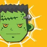 Tegneserieillustrasjon av et grønt monsteransikt med skruer og arr, plassert foran et edderkoppnett på en gul bakgrunn