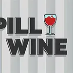 Teksten SPILL WINE med et vinglass fylt med rød væske brukt som bokstaven I