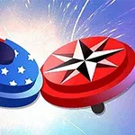 To snurretopper med mønstre, én med amerikansk flaggdesign og en annen med en svart og hvit stjerne