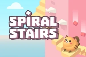Tegneserieaktig katt klatrer opp en spiraltrapp med teksten Spiral Stairs i bakgrunnen