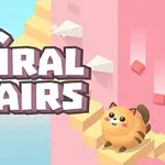 Tegneserieaktig katt klatrer opp en spiraltrapp med teksten Spiral Stairs i bakgrunnen