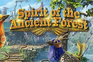 Tekst Spirit of the Ancient Forest over et bilde av en fantasifull skog med trestrukturer og kunstneriske figurer av fugler i forgrunnen
