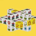 En samling av terninger med ulike symboler som slott, flasker, stjerner og kranier, mot en gul bakgrunn