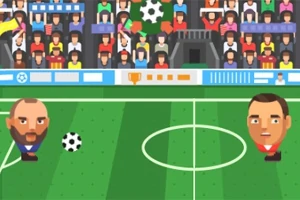 To figurer med store hoder spiller fotball på en tegneserieaktig bane, med publikum i bakgrunnen