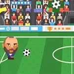 To figurer med store hoder spiller fotball på en tegneserieaktig bane, med publikum i bakgrunnen