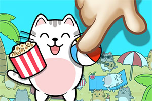 En tegnet katt med popcorn ser glad ut mens en stor hånd peker på en ball, med katter som slapper av på en strand i bakgrunnen