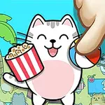 En tegnet katt med popcorn ser glad ut mens en stor hånd peker på en ball, med katter som slapper av på en strand i bakgrunnen