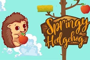 En søt tegnet pinnsvin holder et rødt eple ved siden av et tre med skiltet Springy Hedgehog i et skyfylt landskap