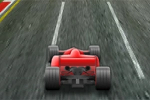 Rød racerbil sett bakfra på en asfaltvei med hvite midtlinjer