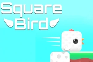 En pikselert hvit fugl i bevegelse over en plattform med teksten Square Bird i bakgrunnen på en lyseblå bakgrunn