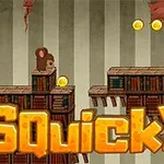 To mus og flere mynter på en plattform laget av stabler av bøker med teksten Squicky i forgrunnen og en stripete bakgrunn