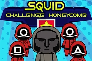 Fargerik illustrasjon med fem karakterer i røde drakter, tre med geometriske symboler på ansiktene, og teksten Squid Challenge Honeycomb i toppen