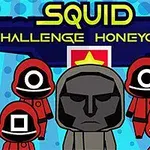 Fargerik illustrasjon med fem karakterer i røde drakter, tre med geometriske symboler på ansiktene, og teksten Squid Challenge Honeycomb i toppen