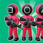 Tre figurer i rosa drakter med svarte hjelmer som har geometriske symboler og bærer våpen står mot en grønn bakgrunn
