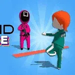 En figur i rosa drakt står foran en person i grønn drakt på en blå bakgrunn, med teksten Squid Race til venstre
