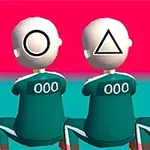 Tre animerte figurer i grønne drakter med sirkelformet, trekantet og firkantet symbol på ansiktet, sett bakfra